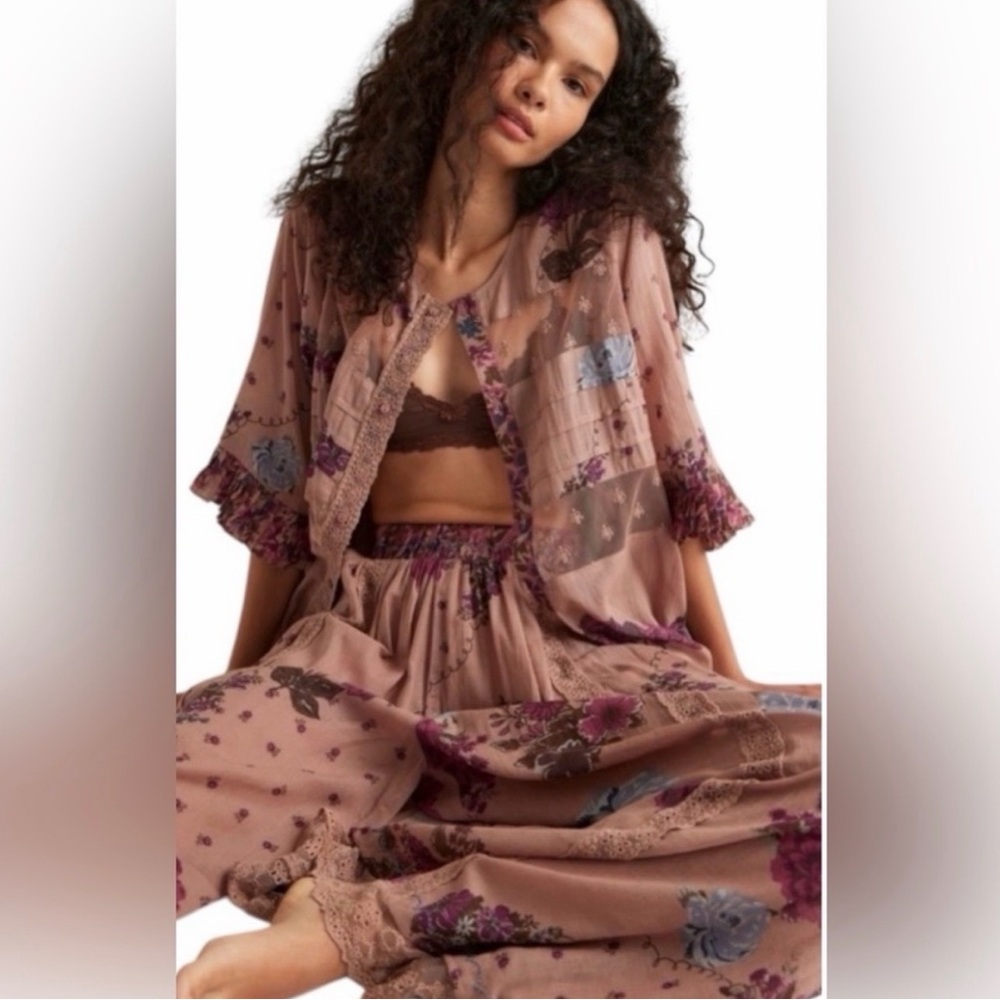 Free People Hey Lover Printed Rose Floral Sheer Wide-Leg Sleep/Lounge Pants XS